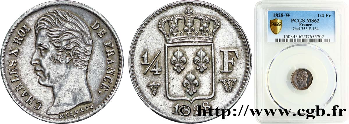 1/4 franc Charles X 1828 Lille F.164/28 MS62 PCGS