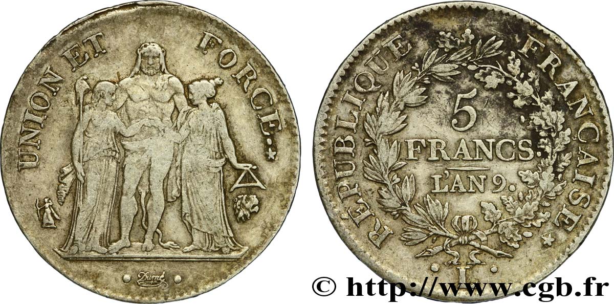 5 francs Union et Force, Union serré, avec glands intérieurs et gland extérieur 1801 Bayonne F.288/161 XF45 