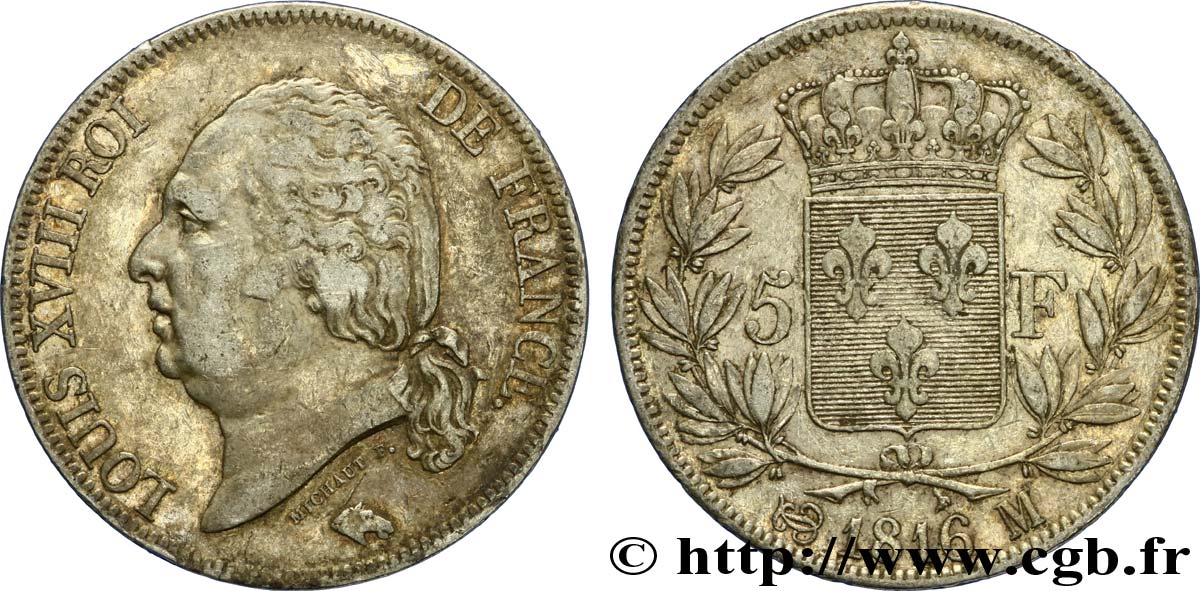 5 francs Louis XVIII, tête nue 1816 Toulouse F.309/9 TB30 
