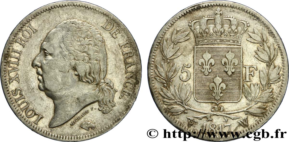 5 francs Louis XVIII, tête nue 1817 Lille F.309/27 MBC45 
