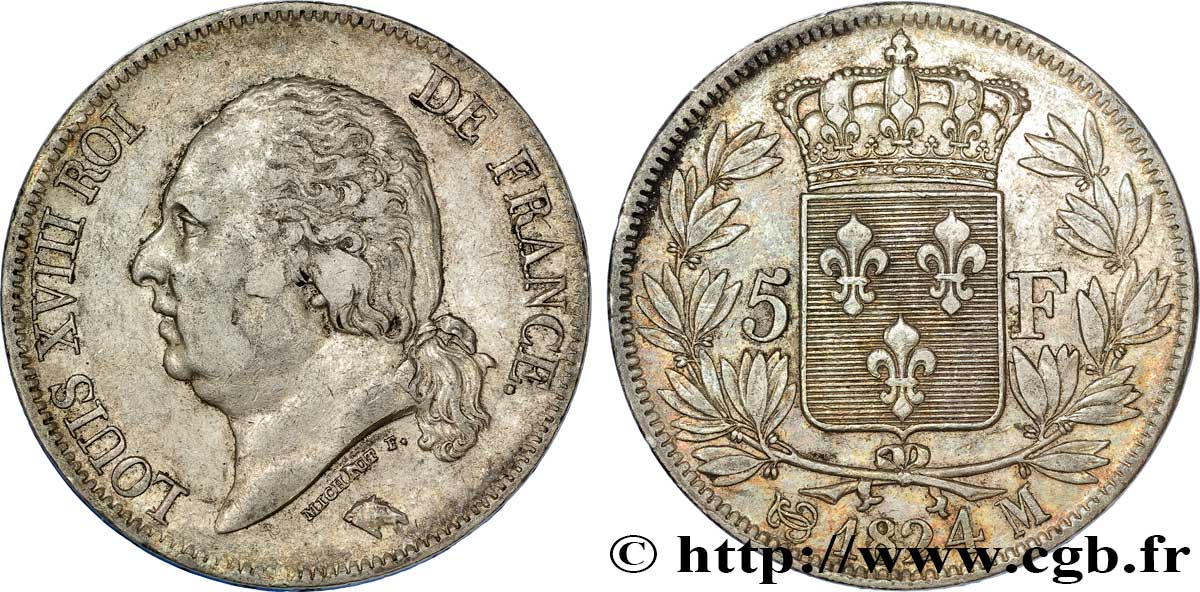 5 francs Louis XVIII, tête nue 1824 Toulouse F.309/95 XF45 