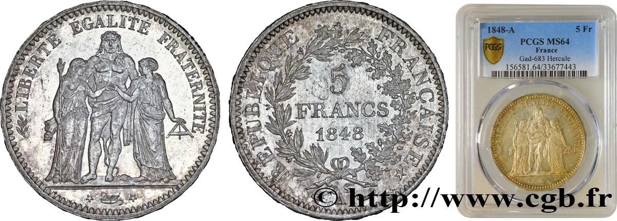 5 francs Hercule, IIe République 1848 Paris F.326/1 SPL64 PCGS