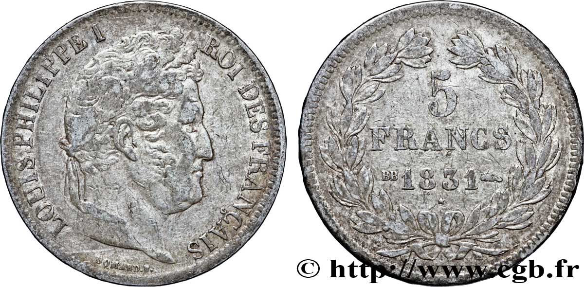 5 francs Ier type Domard, tranche en relief 1831 Strasbourg F.320/3 VF28 