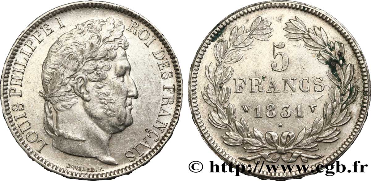 5 francs Ier type Domard, tranche en relief 1831 Lille F.320/13 TTB48 