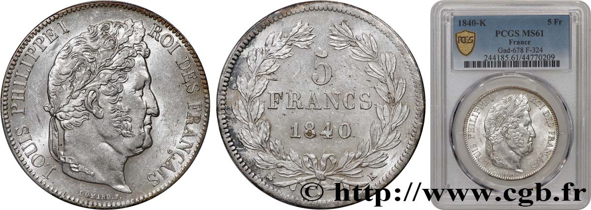 5 francs IIe type Domard 1840 Bordeaux F.324/87 SUP61 PCGS
