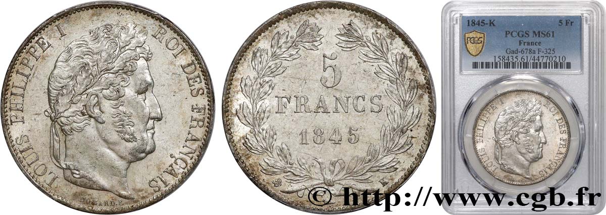 5 francs IIIe type Domard 1845 Bordeaux F.325/8 EBC61 PCGS
