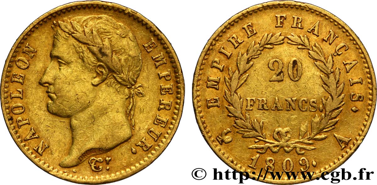20 francs or Napoléon tête laurée, Empire français 1809 Paris F.516/1 MBC48 