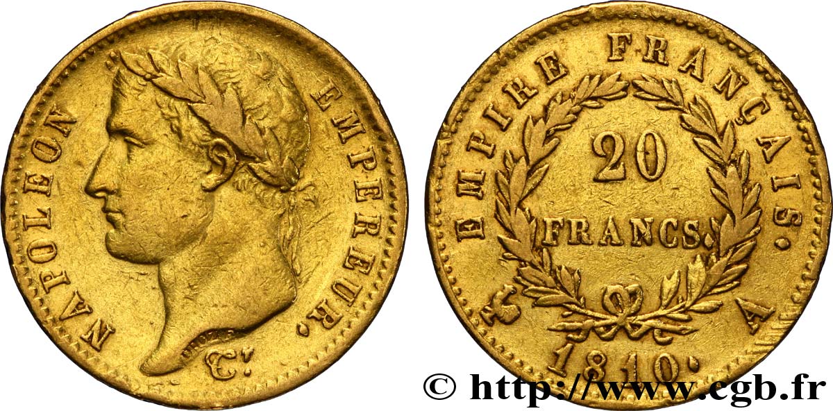 20 francs or Napoléon tête laurée, Empire français 1810 Paris F.516/9 XF45 