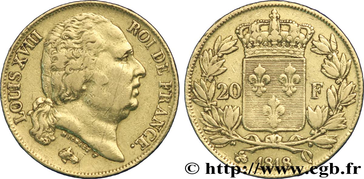 20 francs or Louis XVIII, tête nue 1818 Perpignan F.519/12 TTB45 