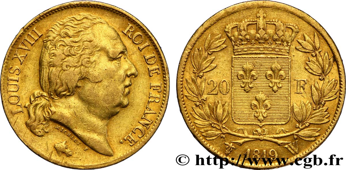 20 francs or Louis XVIII, tête nue 1819 Lille F.519/18 XF45 