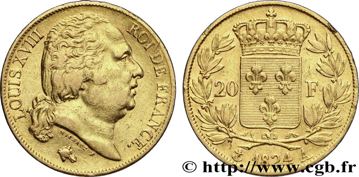 20 francs or Louis XVIII, tête nue 1824 Paris F.519/31 XF45 