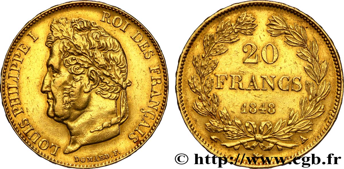 20 francs or Louis-Philippe, Domard 1848 Paris F.527/38 AU50 