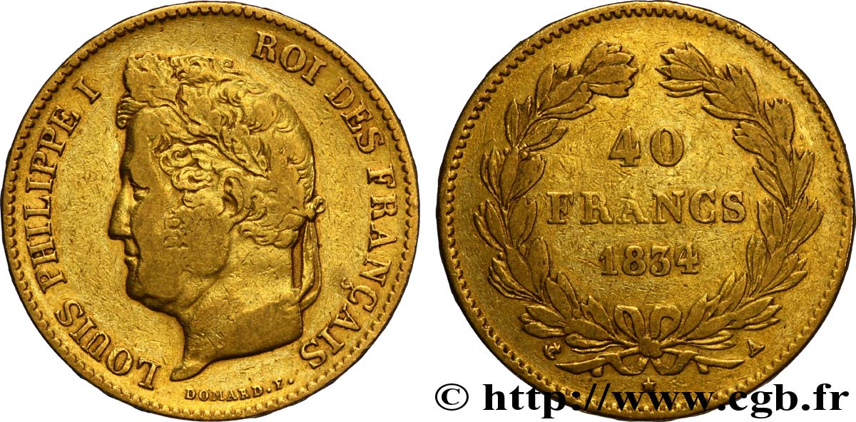 40 francs or Louis-Philippe 1834 Paris F.546/6 XF40 