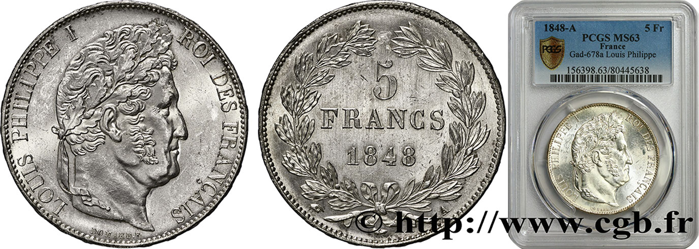 5 francs IIIe type Domard 1848 Paris F.325/17 SC63 PCGS