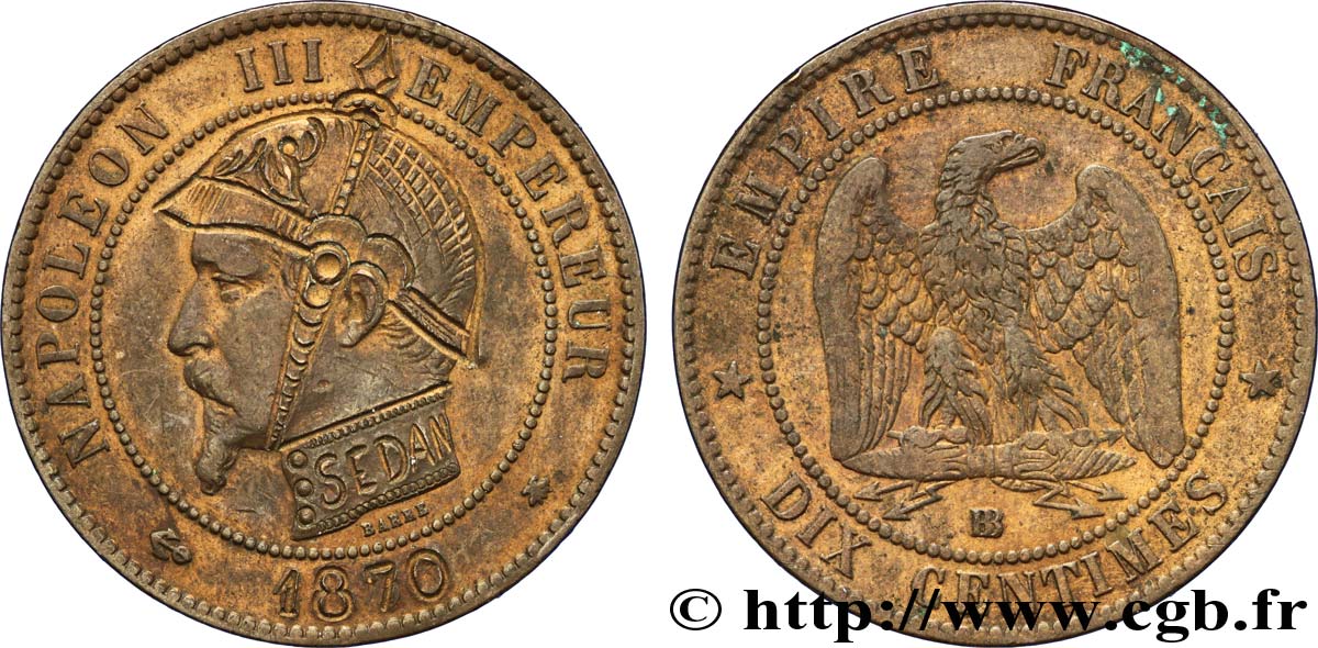 Dix centimes Napoléon III, tête nue, différent ancre, satirique 1870 Strasbourg F.133/- var. TTB45 