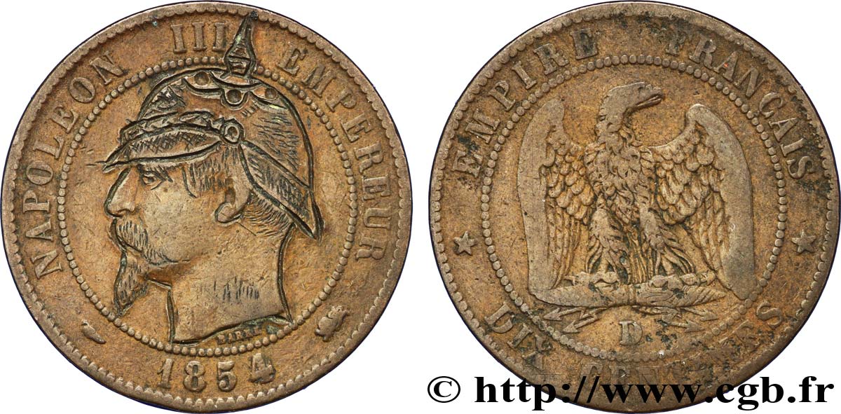Dix centimes Napoléon III, tête nue, satirique 1854 Lyon F.133/15 var. TB30 
