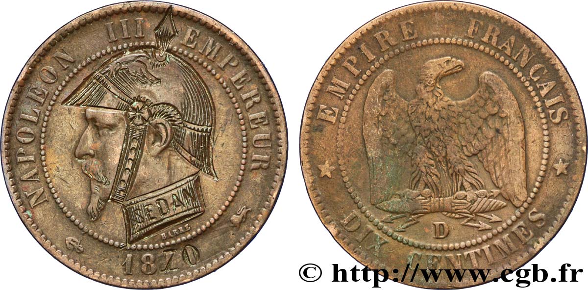 Dix centimes Napoléon III, tête nue, différent ancre, satirique 1870 Lyon F.133/- var. TB35 