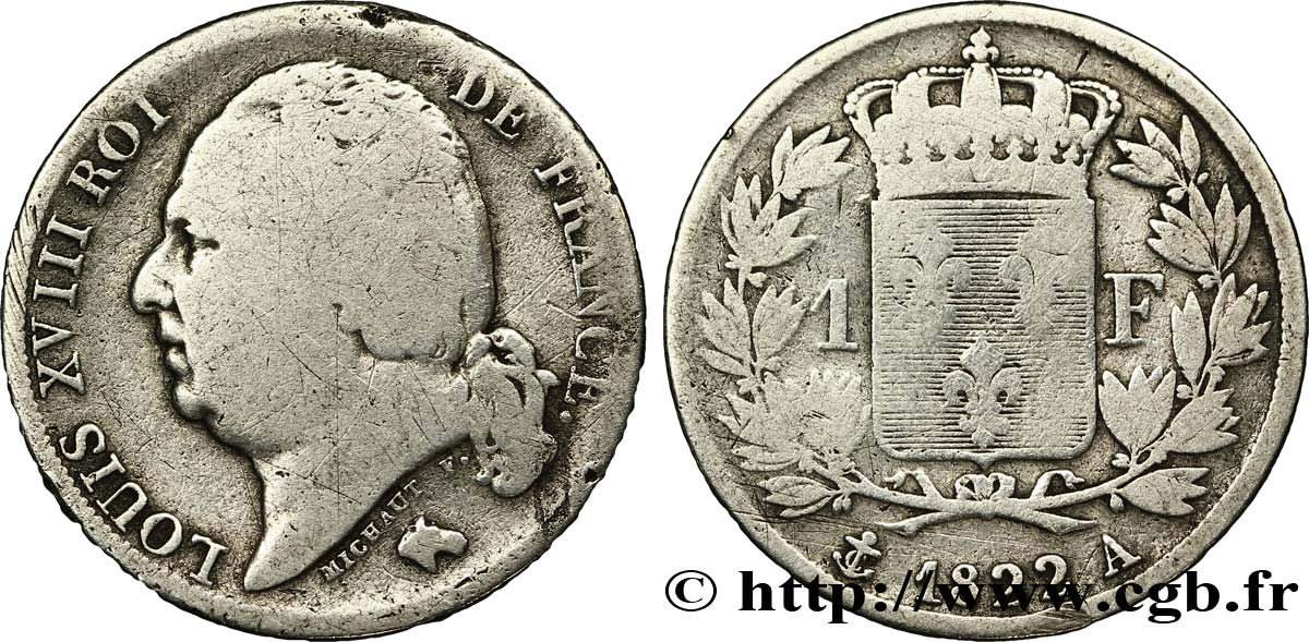 1 franc Louis XVIII 1822 Paris F.206/40 B12 