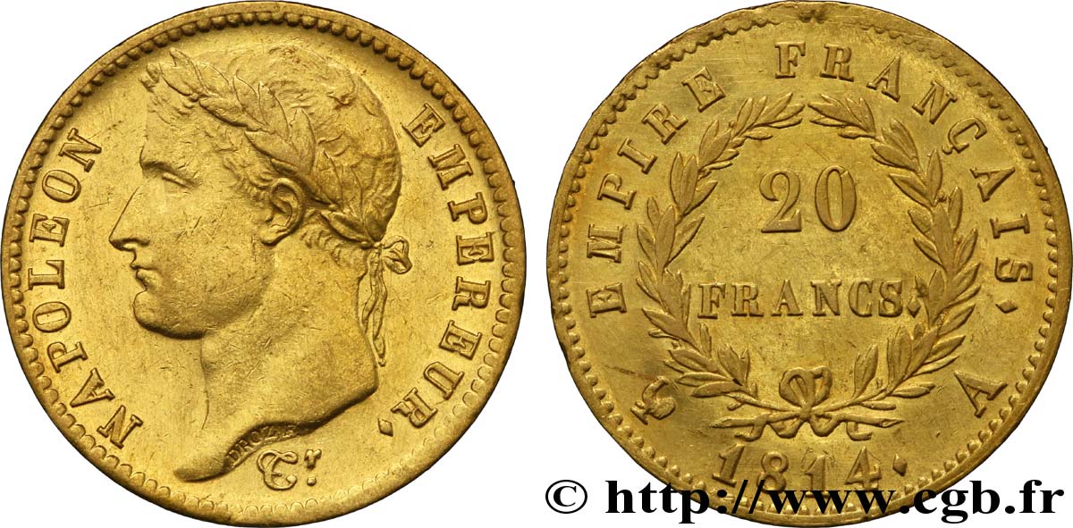 20 francs or Napoléon tête laurée, Empire français 1814 Paris F.516/39 SUP58 
