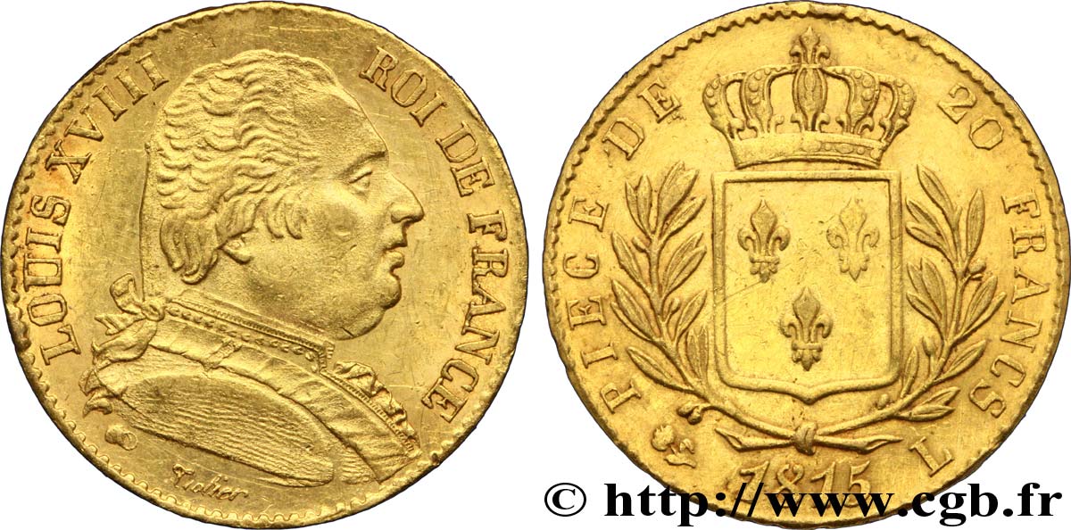 20 francs or Louis XVIII, buste habillé 1815 Bayonne F.517/14 SUP55 