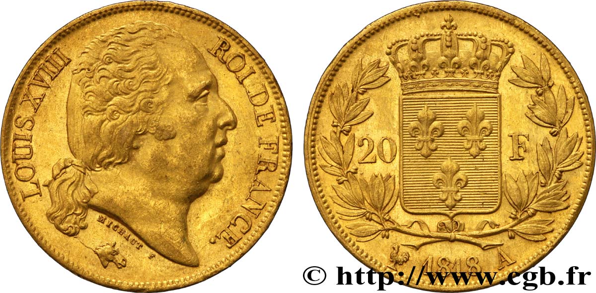 20 francs or Louis XVIII, tête nue 1818 Paris F.519/10 SPL60 