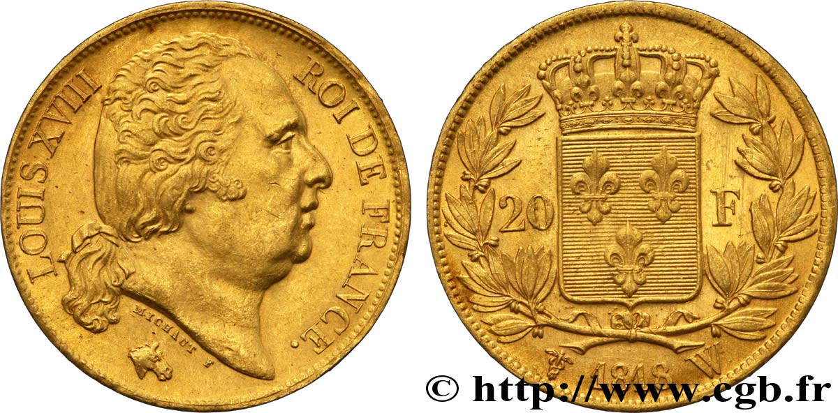 20 francs or Louis XVIII, tête nue 1818 Lille F.519/14 SPL63 