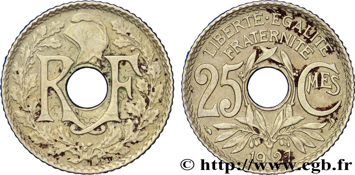 25 centimes Lindauer, tranche striée 1927  F.171/11 var. TTB45 