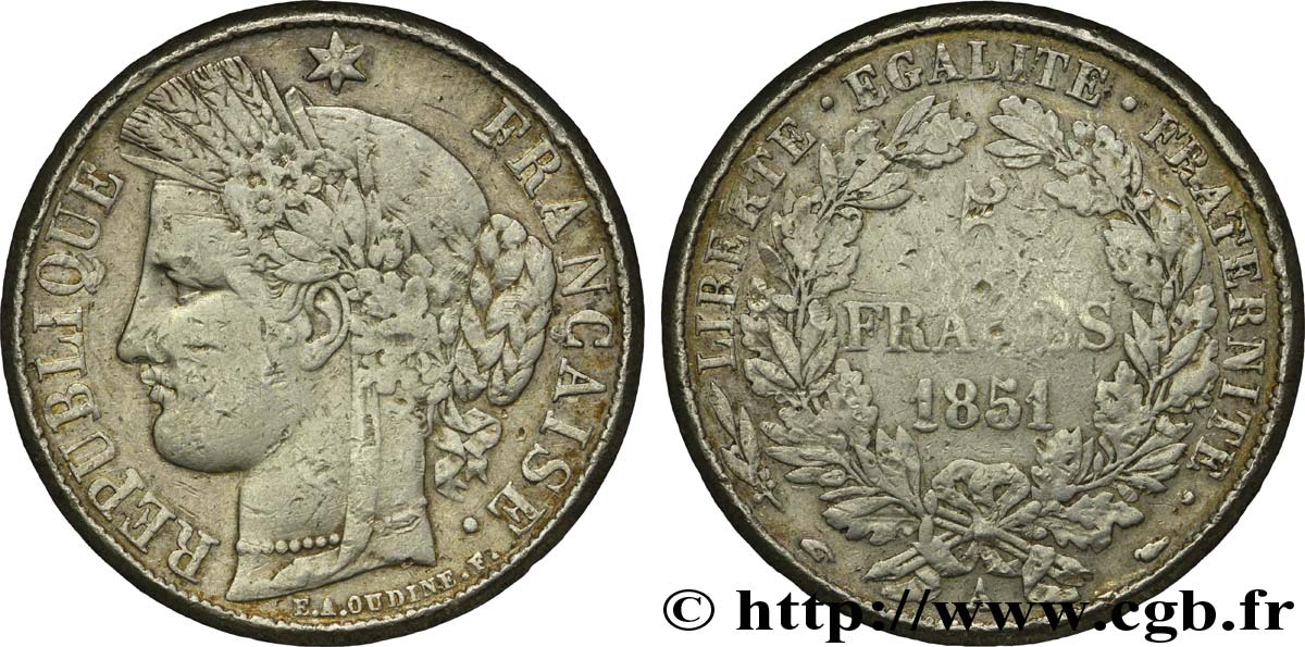Faux de 5 francs Cérès, IIe République 1851 Paris F.327/7 var. VF30 