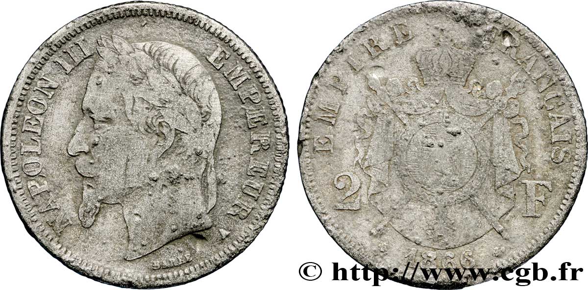 Faux de 2 francs Napoléon III, tête laurée 1866 Paris F.263/2 var. TB30 