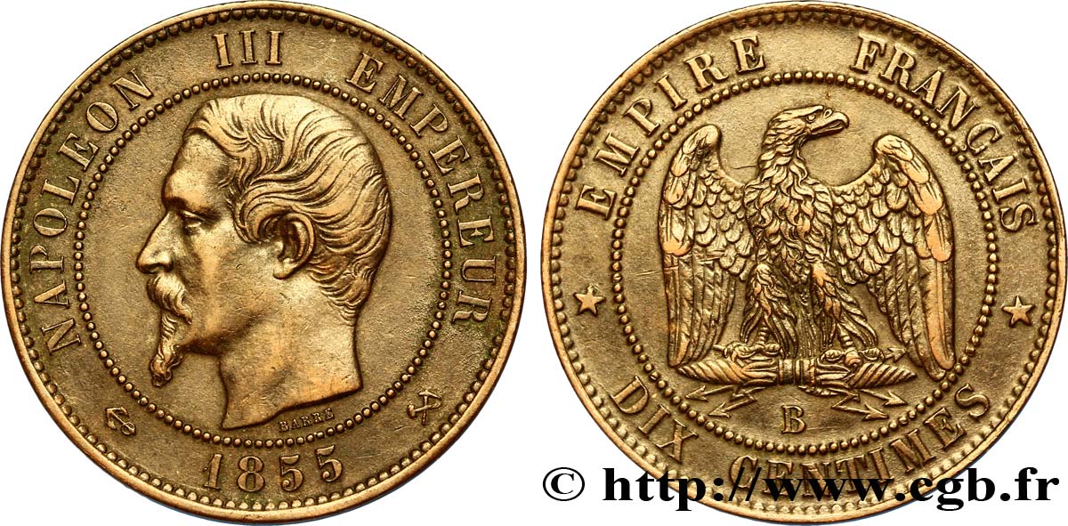 Dix centimes Napoléon III, tête nue 1855 Rouen F.133/22 XF48 