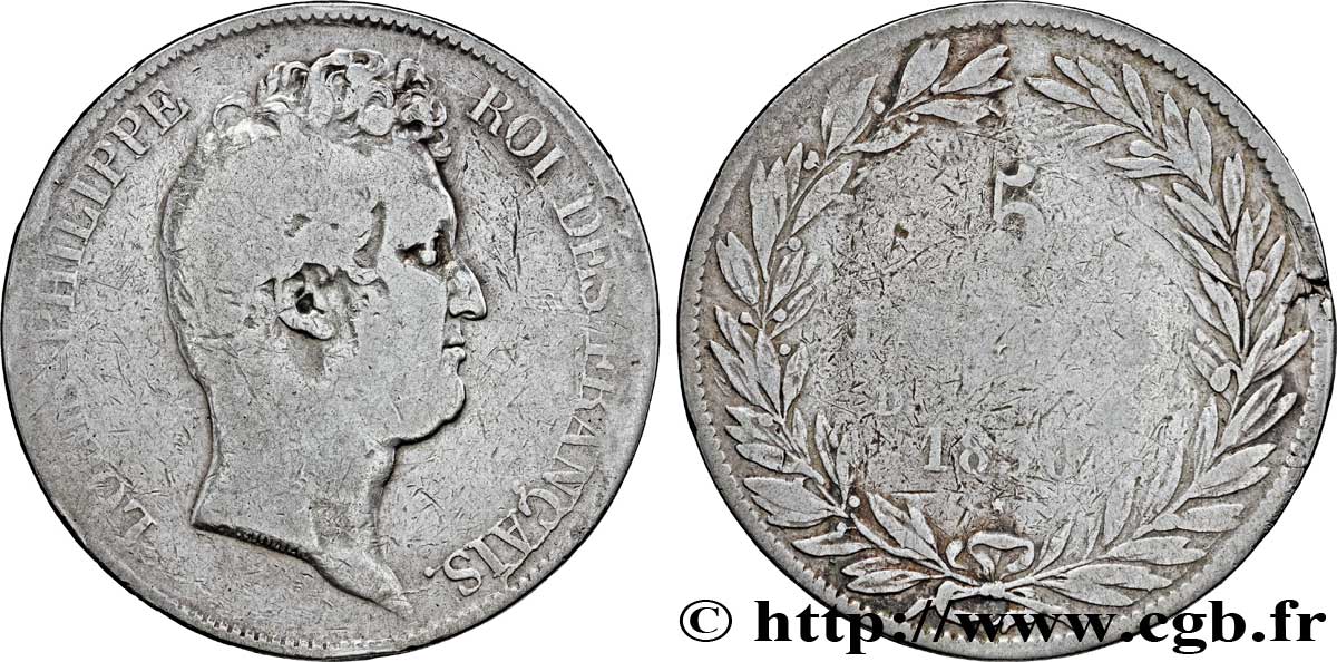 5 francs type Tiolier sans le I, tranche en creux 1830 Lyon F.313/3 VG10 