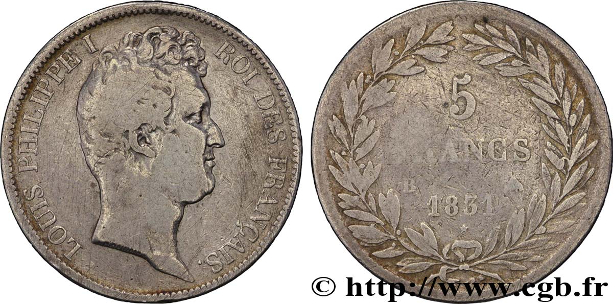 5 francs type Tiolier avec le I, tranche en relief 1831 Rouen F.316/3 B12 