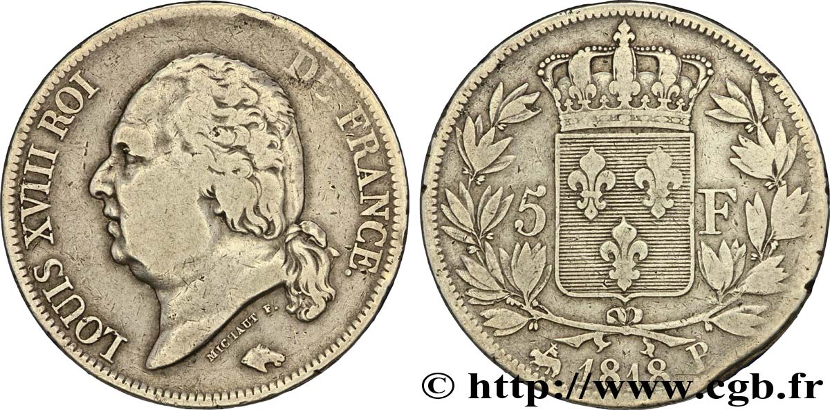 5 francs Louis XVIII, tête nue 1818 Rouen F.309/29 S20 