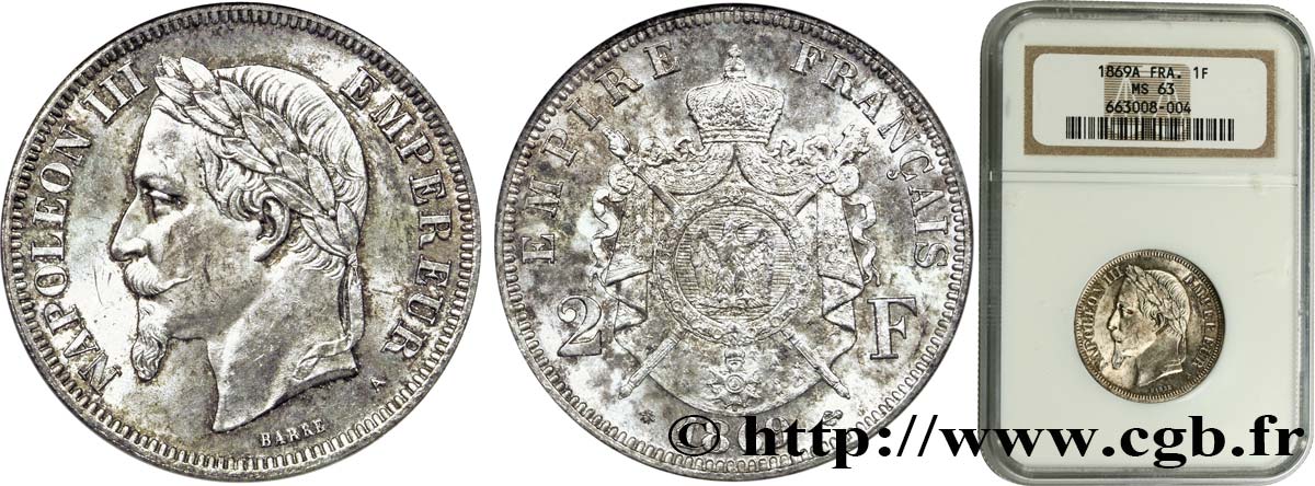 2 francs Napoléon III, tête laurée  1869 Paris F.263/10 MS63 NGC