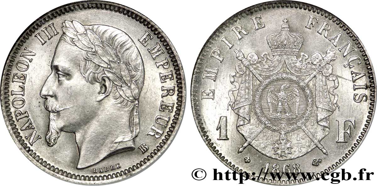 1 franc Napoléon III, tête laurée 1868 Strasbourg F.215/12 VZ62 NGC