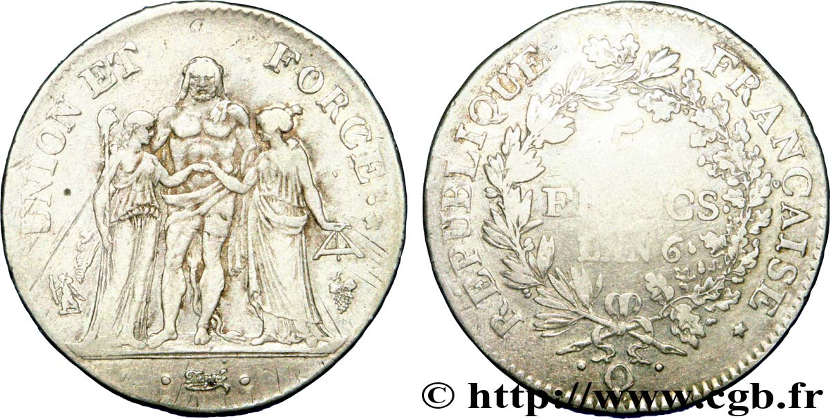 5 francs Union et Force, Union serré, avec gland intérieur du bas et gland extérieur 1798 Perpignan F.288/78 S35 