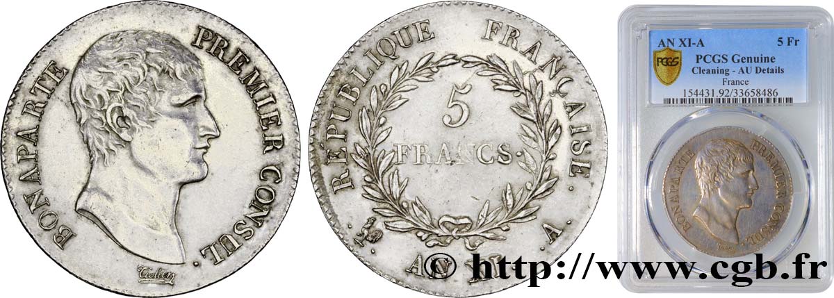 5 francs Bonaparte Premier Consul 1803 Paris F.301/1 AU PCGS