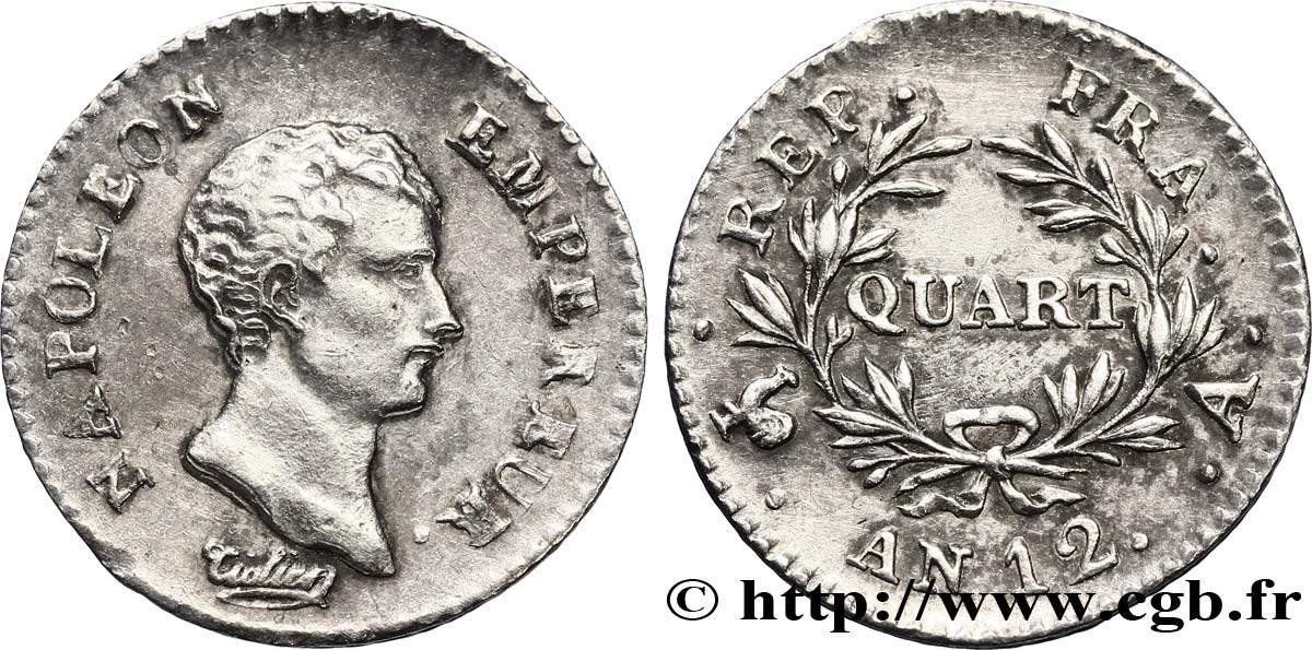 Quart (de franc) Napoléon Empereur, Calendrier révolutionnaire 1804 Paris F.158/1 TTB53 