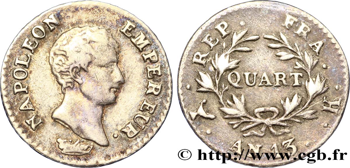 Quart (de franc) Napoléon Empereur, Calendrier révolutionnaire 1805 Bordeaux F.158/12 TB38 