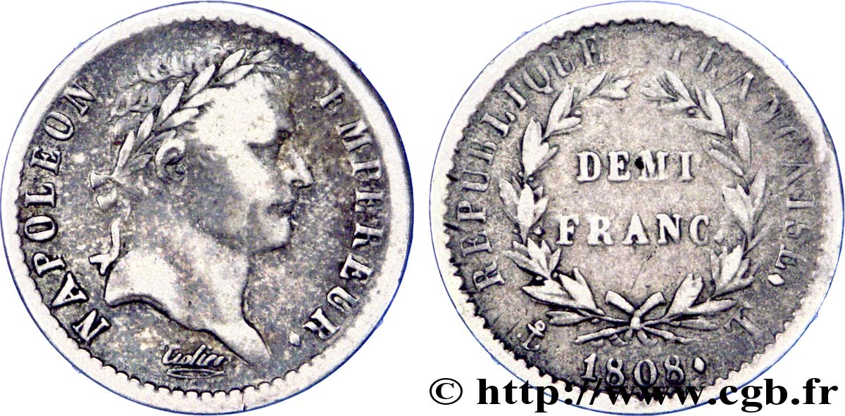 Demi-franc Napoléon Ier tête laurée, République française, buste fin 1808 Nantes F.177/14 TB35 