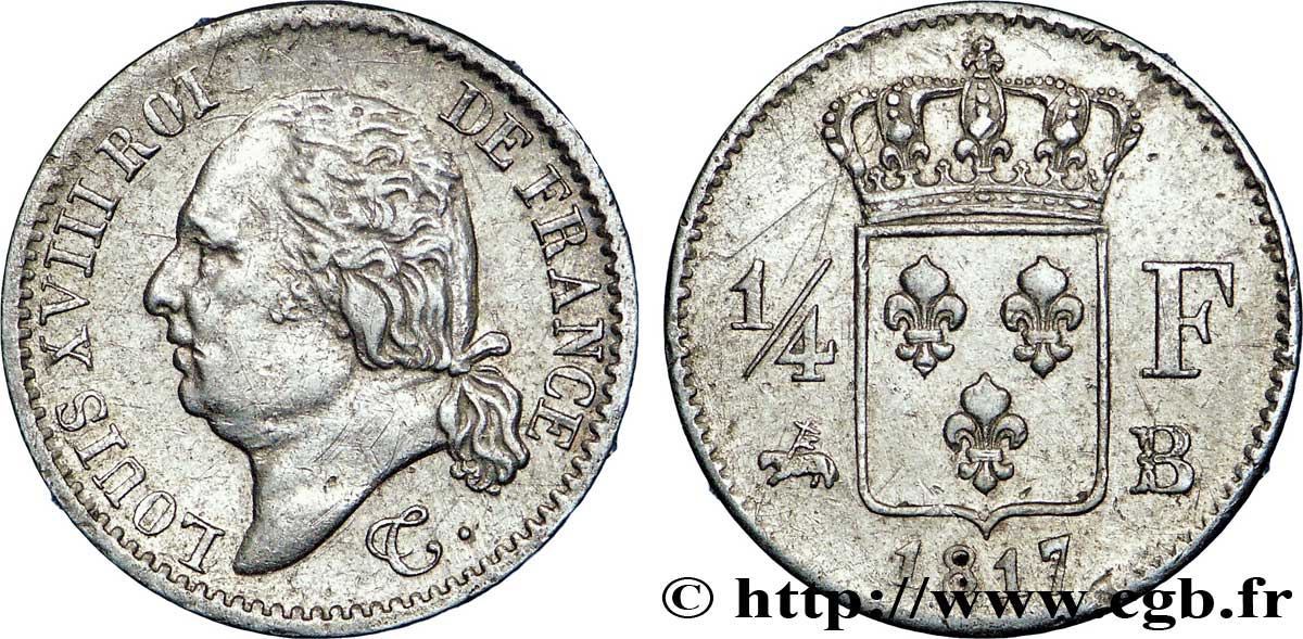 1/4 franc Louis XVIII 1817 Rouen F.163/2 TTB50 