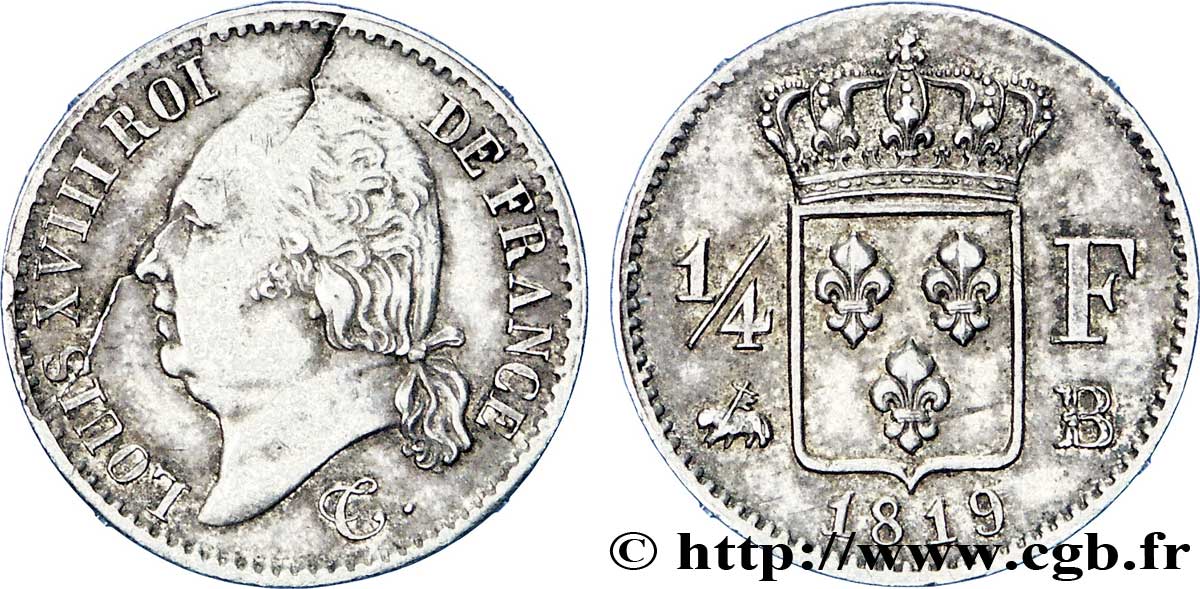 1/4 franc Louis XVIII 1819 Rouen F.163/16 TTB53 