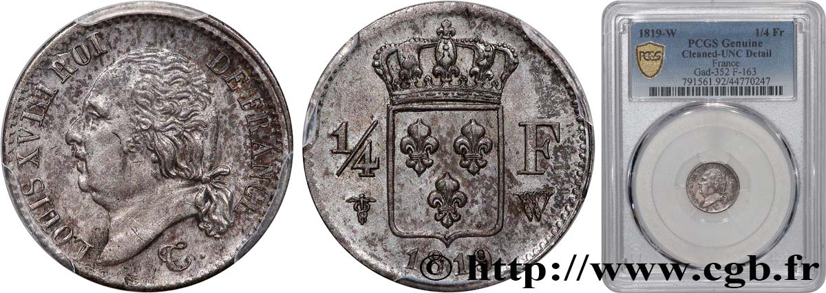 1/4 franc Louis XVIII 1819 Lille F.163/17 MS PCGS