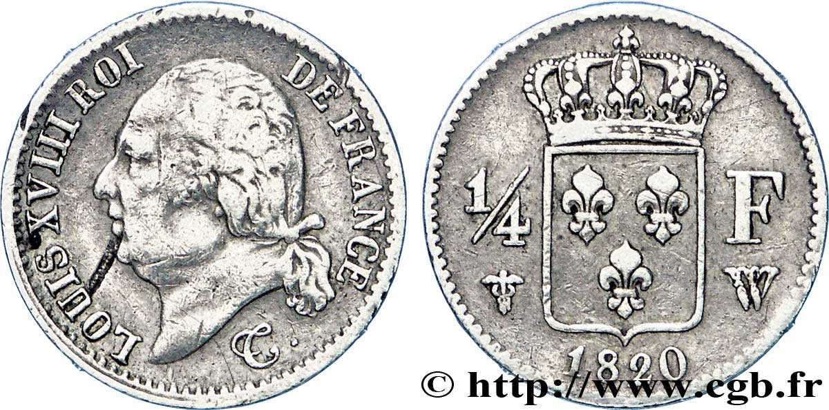 1/4 franc Louis XVIII 1820 Lille F.163/19 TTB45 