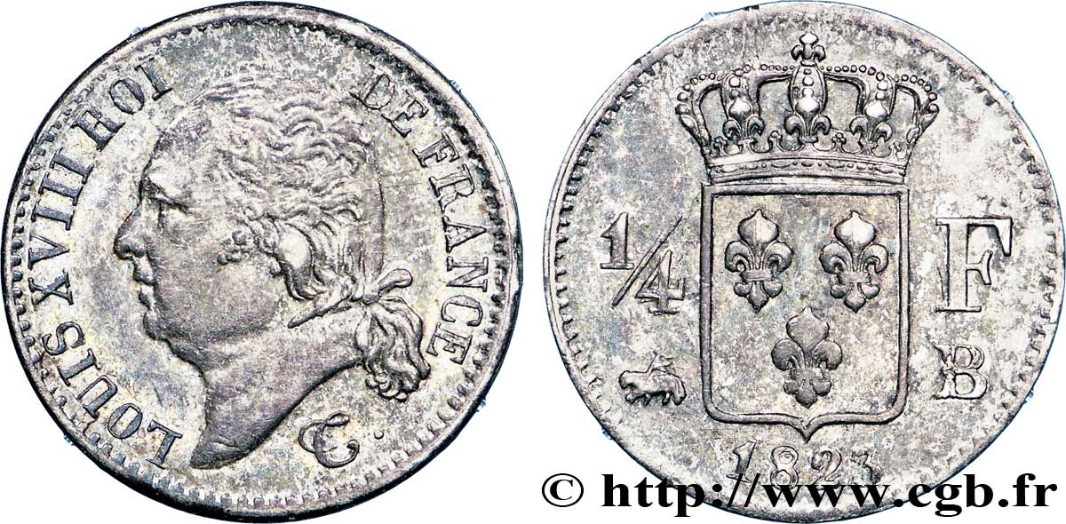 1/4 franc Louis XVIII 1823 Rouen F.163/25 TTB53 
