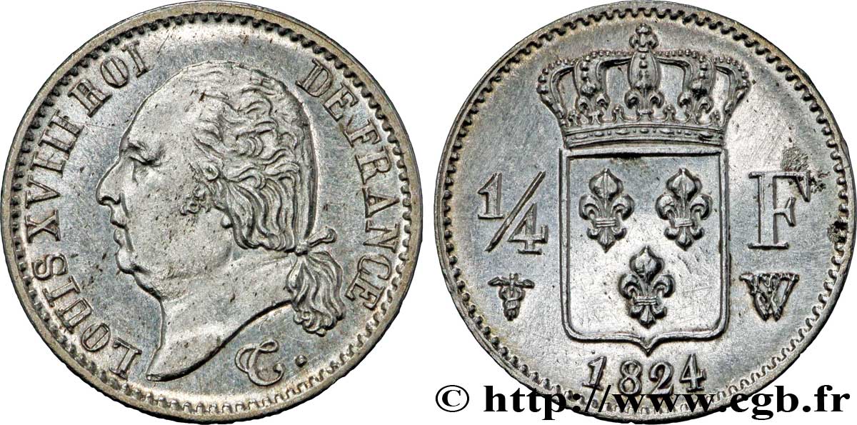 1/4 franc Louis XVIII 1824 Lille F.163/35 EBC62 