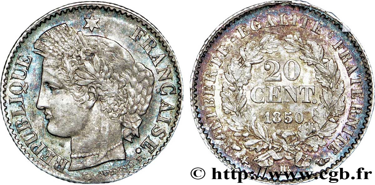20 centimes Cérès, IIe République 1850 Strasbourg F.146/4 MS60 