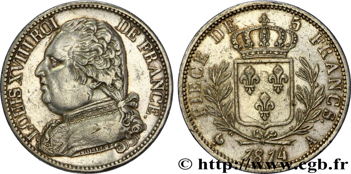 5 francs Louis XVIII, buste habillé 1814 Paris F.308/1 AU50 