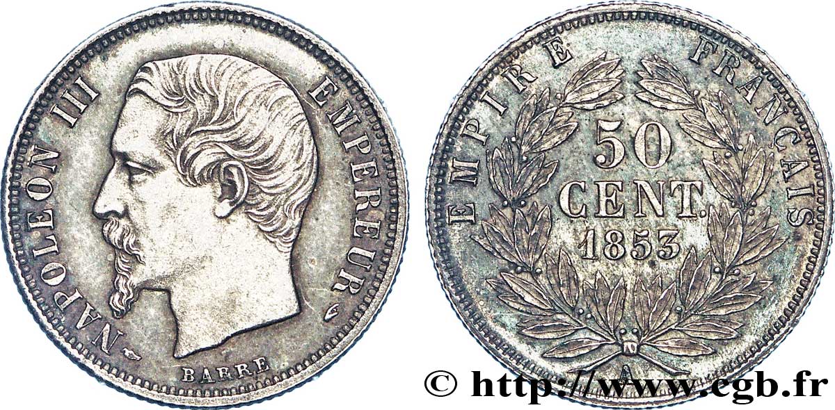 50 centimes Napoléon III, tête nue 1853 Paris F.187/1 AU58 