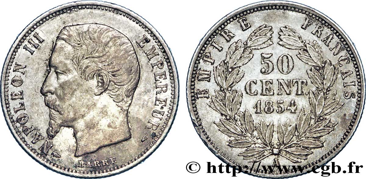 50 centimes Napoléon III, tête nue 1854 Paris F.187/2 TTB50 